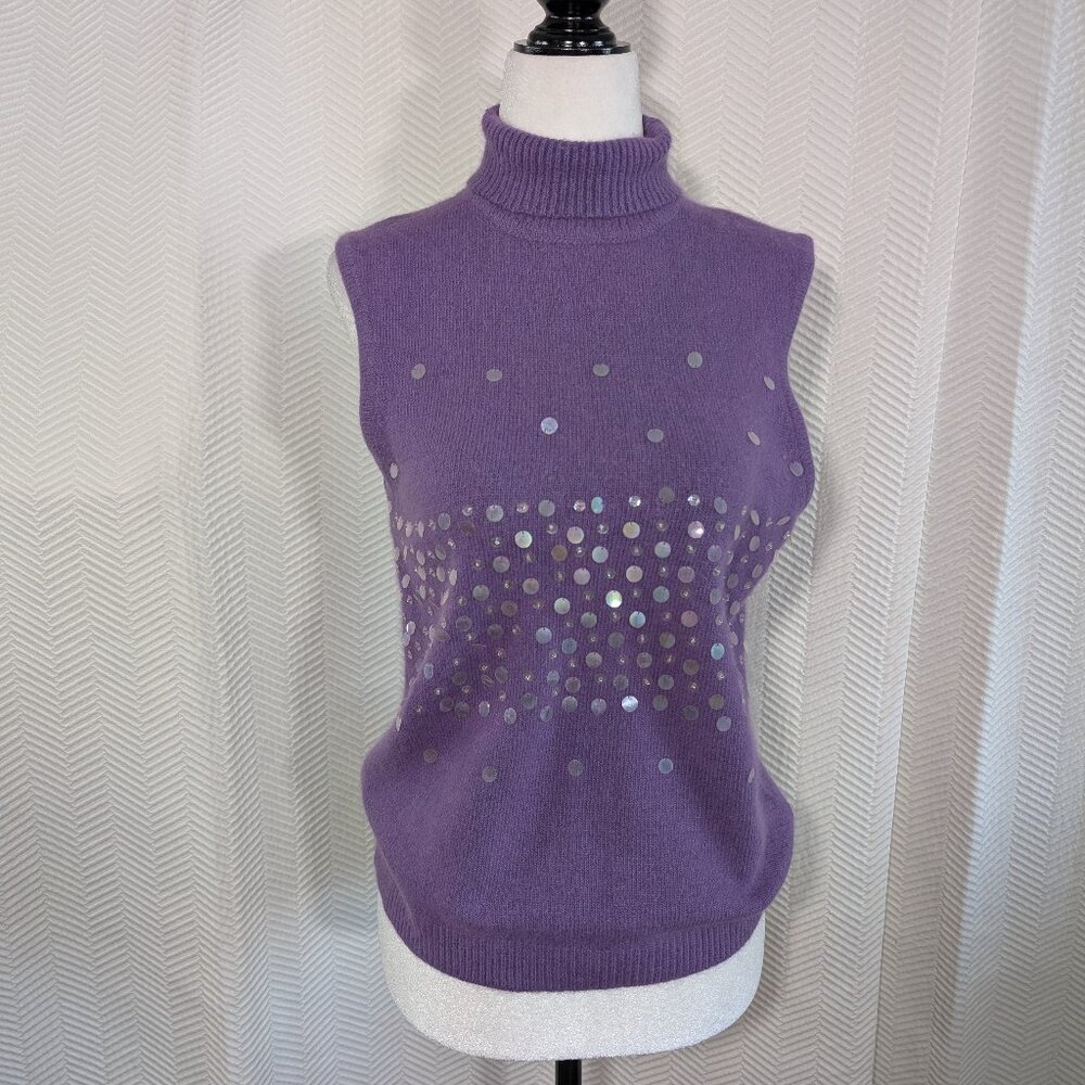 Vintage Jessica Purple Angora Sleeveless Sweater Beaded Sequins Soft Glam Large